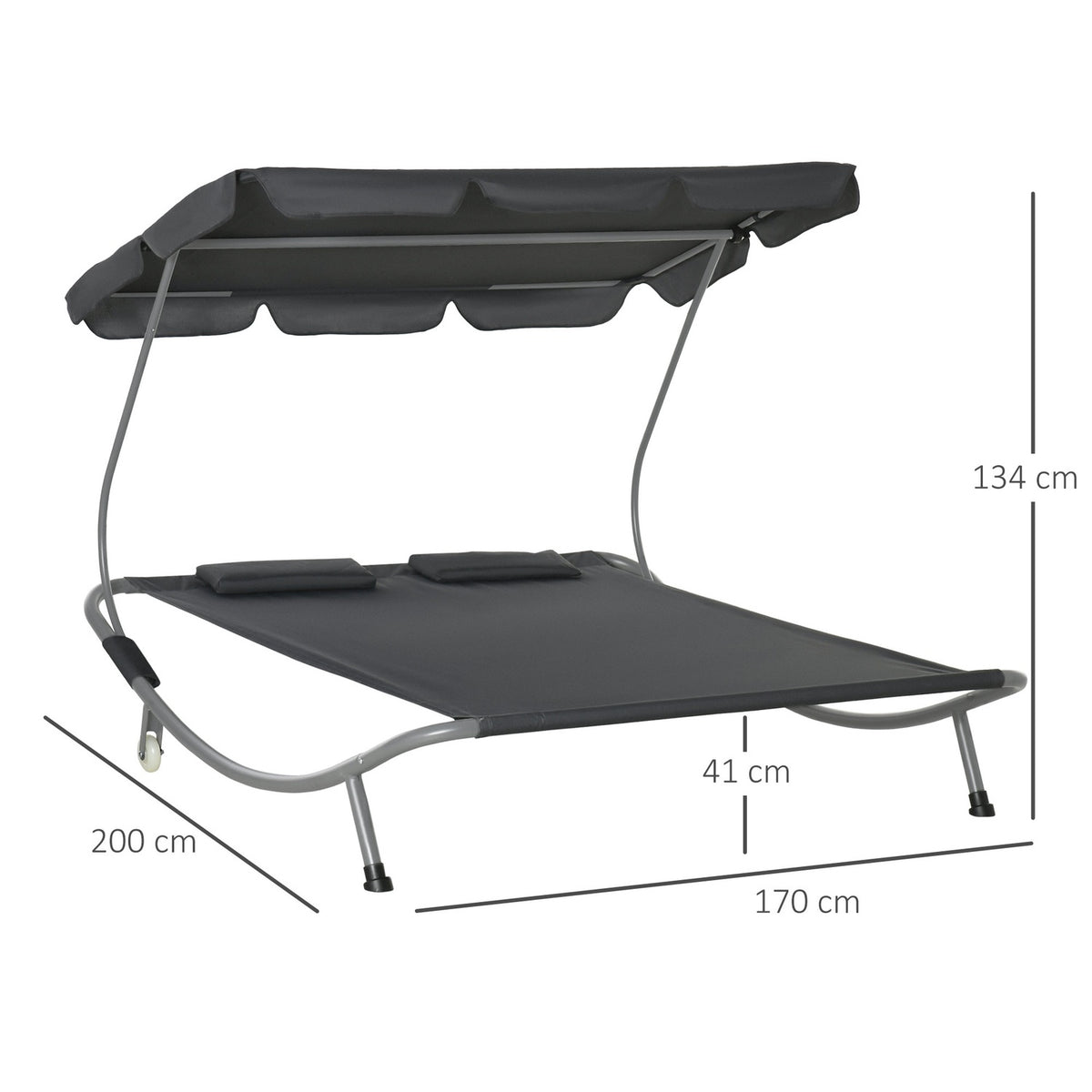 Double Lounger With Roof, Rollable Sun Lounger, Relaxation Lounger, Steel, Grey, 200X170X134Cm