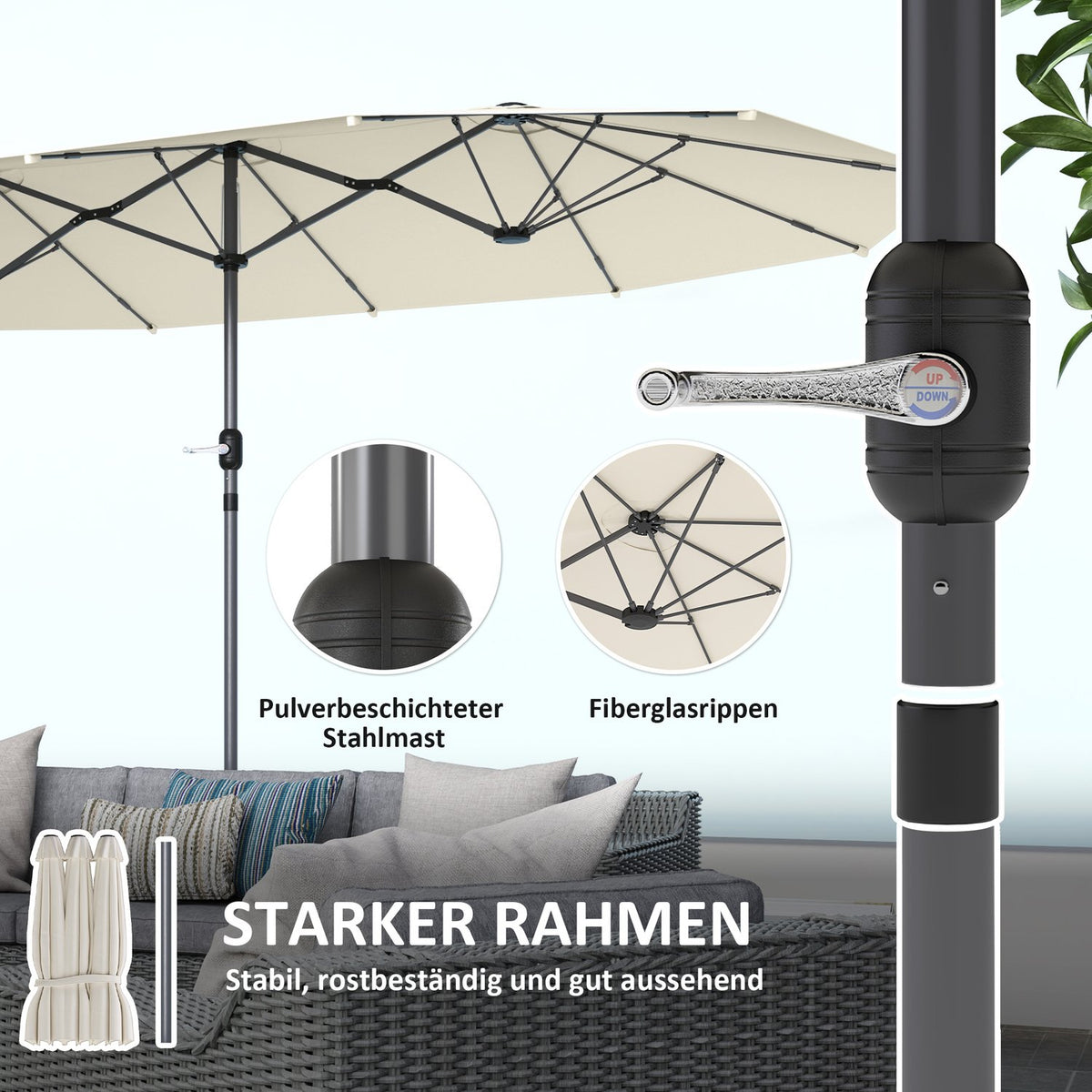 Double Parasol 436 x 260 cm, UV Protection Steel Parasol with Hand Crank, Oval Balcony Umbrella Beach Umbrella Windproof Stable Market Umbrella Crank Umbrella for Beach Balcony Garden Beige