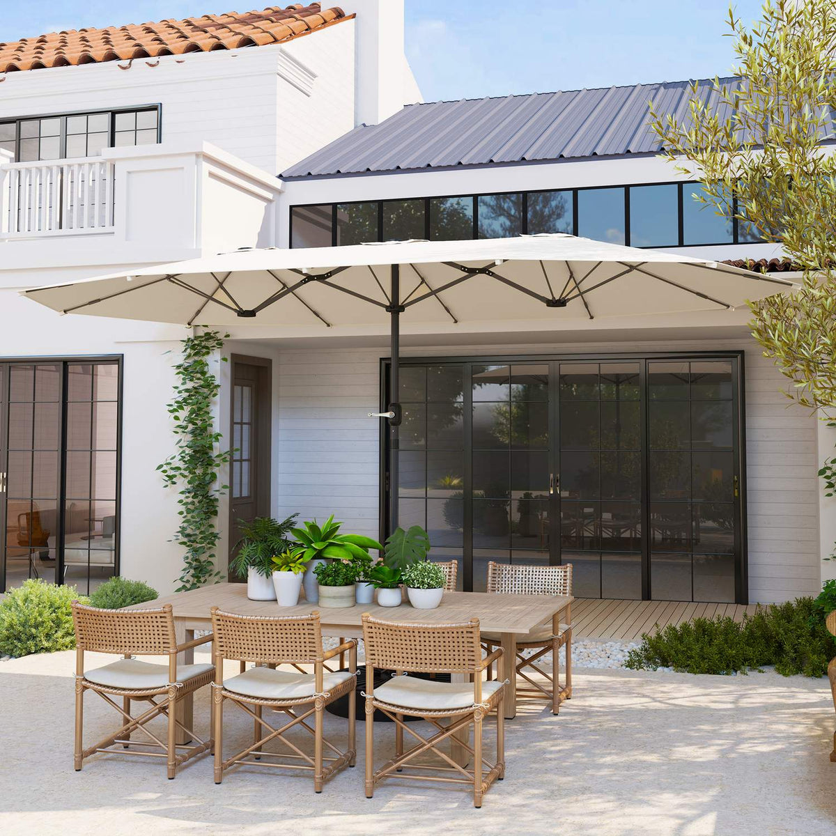 Double Parasol 436 x 260 cm, UV Protection Steel Parasol with Hand Crank, Oval Balcony Umbrella Beach Umbrella Windproof Stable Market Umbrella Crank Umbrella for Beach Balcony Garden Beige