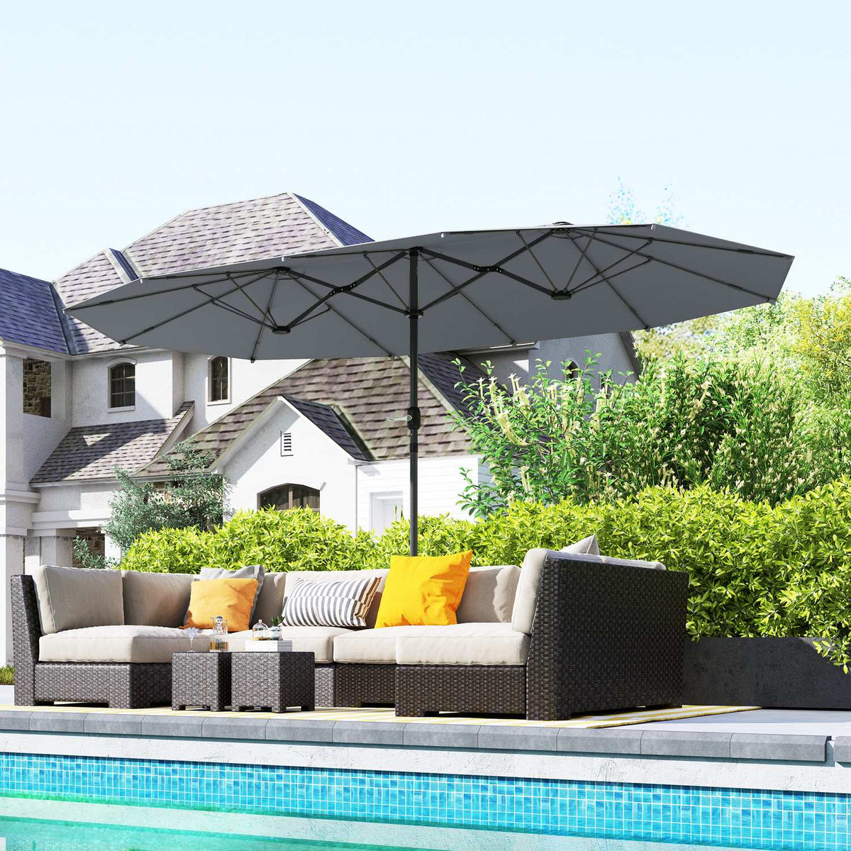 Double Parasol 436 x 260 cm, UV Protection Steel Parasol with Hand Crank, Oval Balcony Umbrella Beach Umbrella Windproof Stable Market Umbrella Crank Umbrella for Beach Balcony Garden Dark Gray