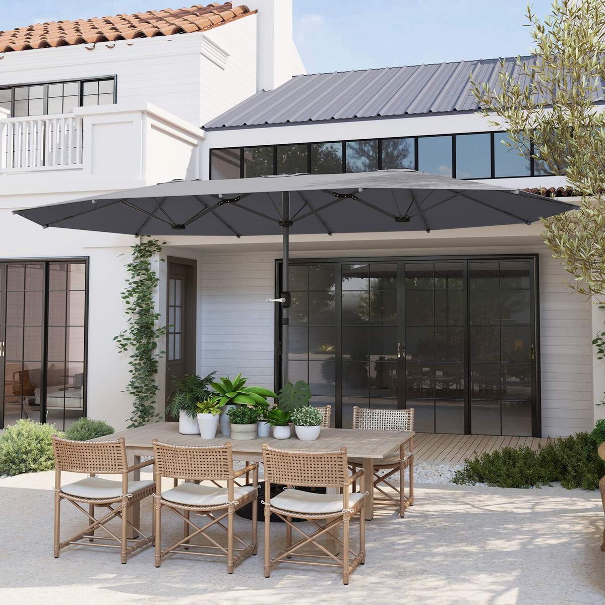 Double Parasol 436 x 260 cm, UV Protection Steel Parasol with Hand Crank, Oval Balcony Umbrella Beach Umbrella Windproof Stable Market Umbrella Crank Umbrella for Beach Balcony Garden Dark Gray