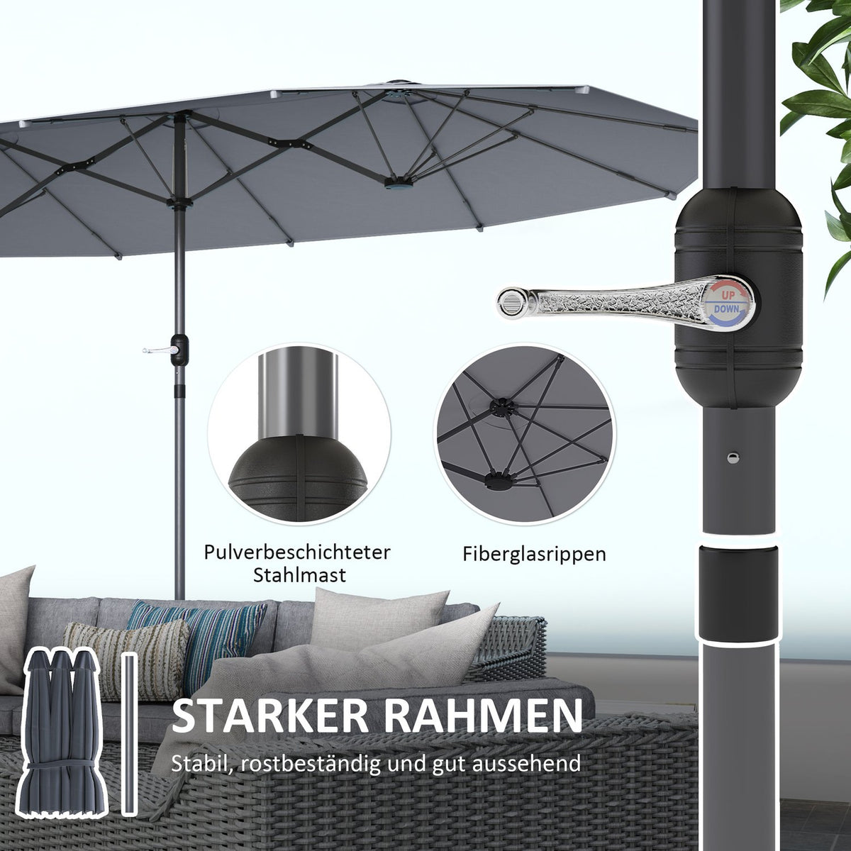 Double Parasol 436 x 260 cm, UV Protection Steel Parasol with Hand Crank, Oval Balcony Umbrella Beach Umbrella Windproof Stable Market Umbrella Crank Umbrella for Beach Balcony Garden Dark Gray