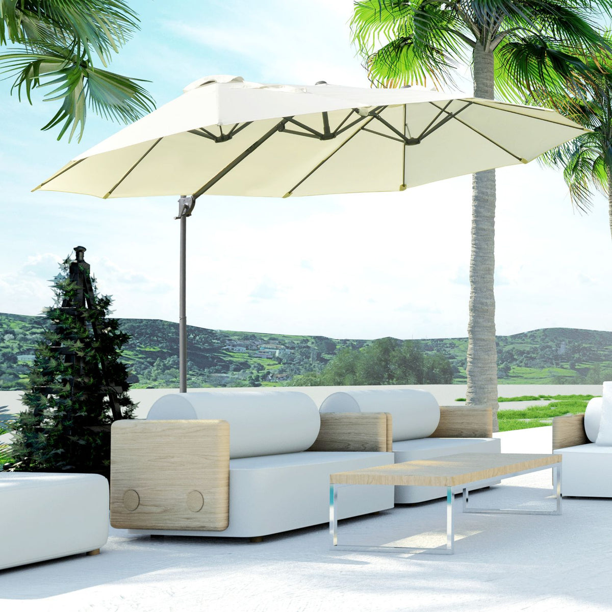 Double Parasol Cantilever Umbrella Double Umbrella With Crank Adjustable Garden Umbrella Sun Protection Metal Cream White 440 X 270 X 250 Cm