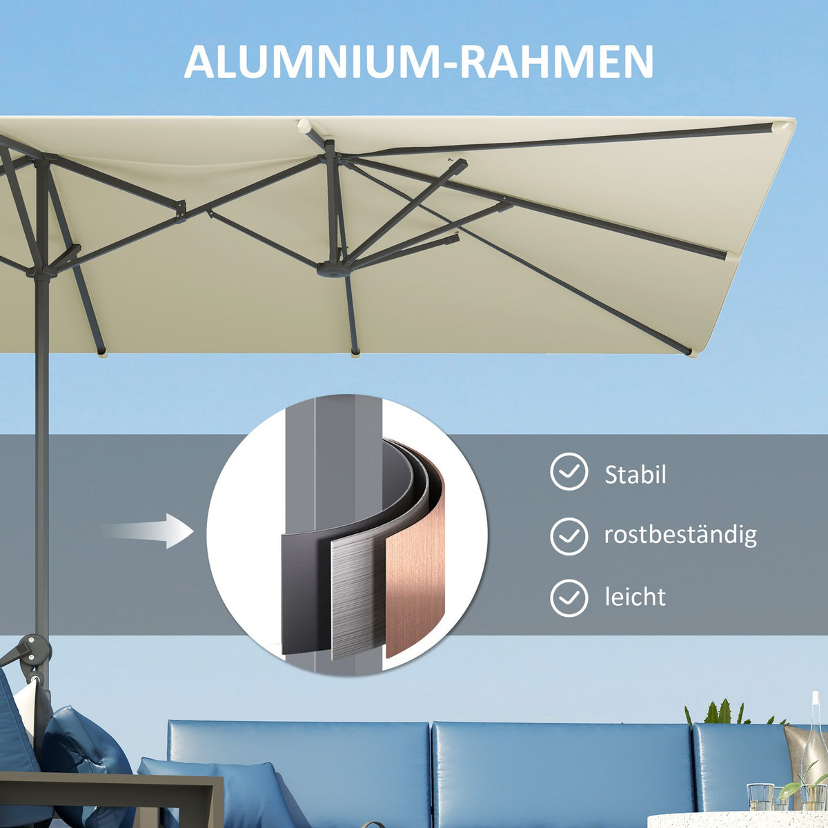 Double Parasol with Crank 451 x 264 cm, UV Protection 50+ Parasol, Windproof Garden Umbrella Balcony Umbrella Aluminum Market Umbrella Sun Protection for Balcony Patio Garden Cream White