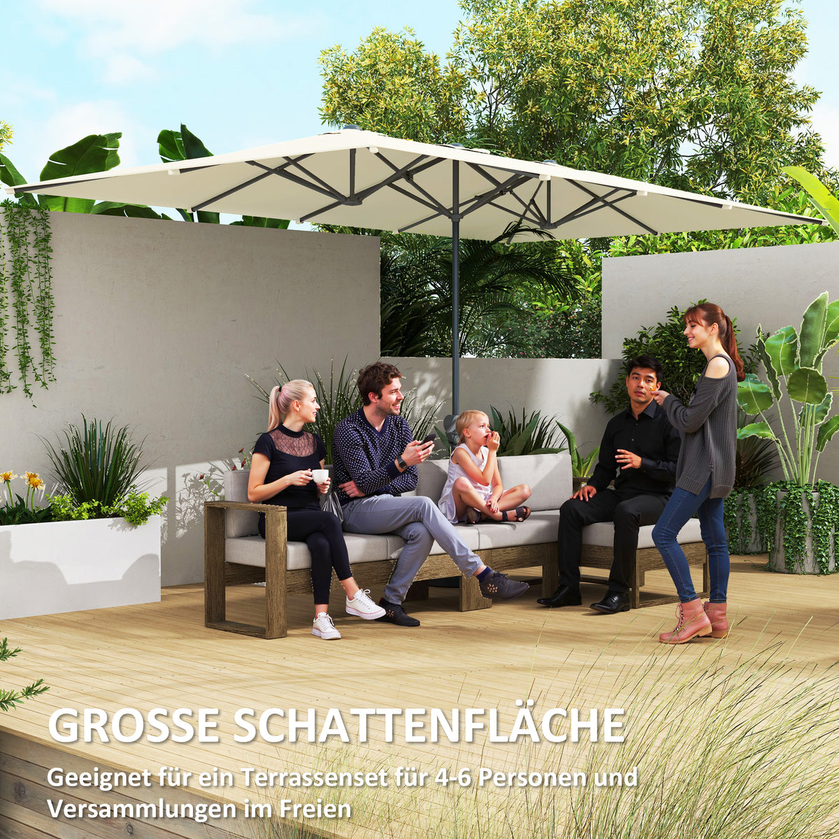 Double Parasol with Crank 451 x 264 cm, UV Protection 50+ Parasol, Windproof Garden Umbrella Balcony Umbrella Aluminum Market Umbrella Sun Protection for Balcony Patio Garden Cream White