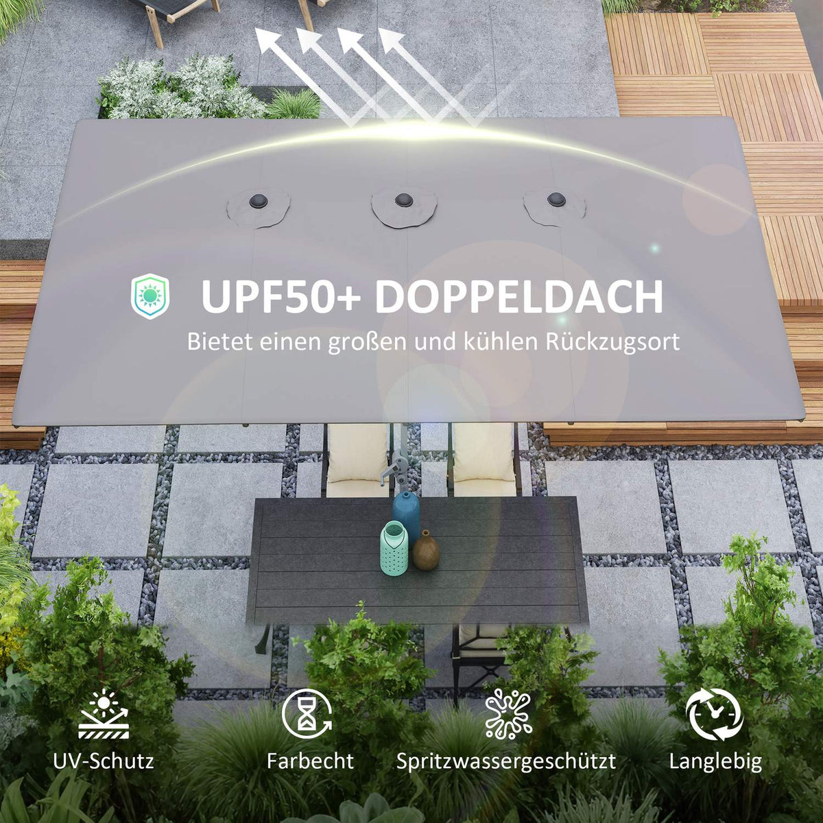 Double Parasol with Crank 451 x 264 cm, UV Protection 50+ Parasol, Windproof Garden Umbrella Balcony Umbrella Aluminum Market Umbrella Sun Protection for Balcony Patio Garden Dark Gray