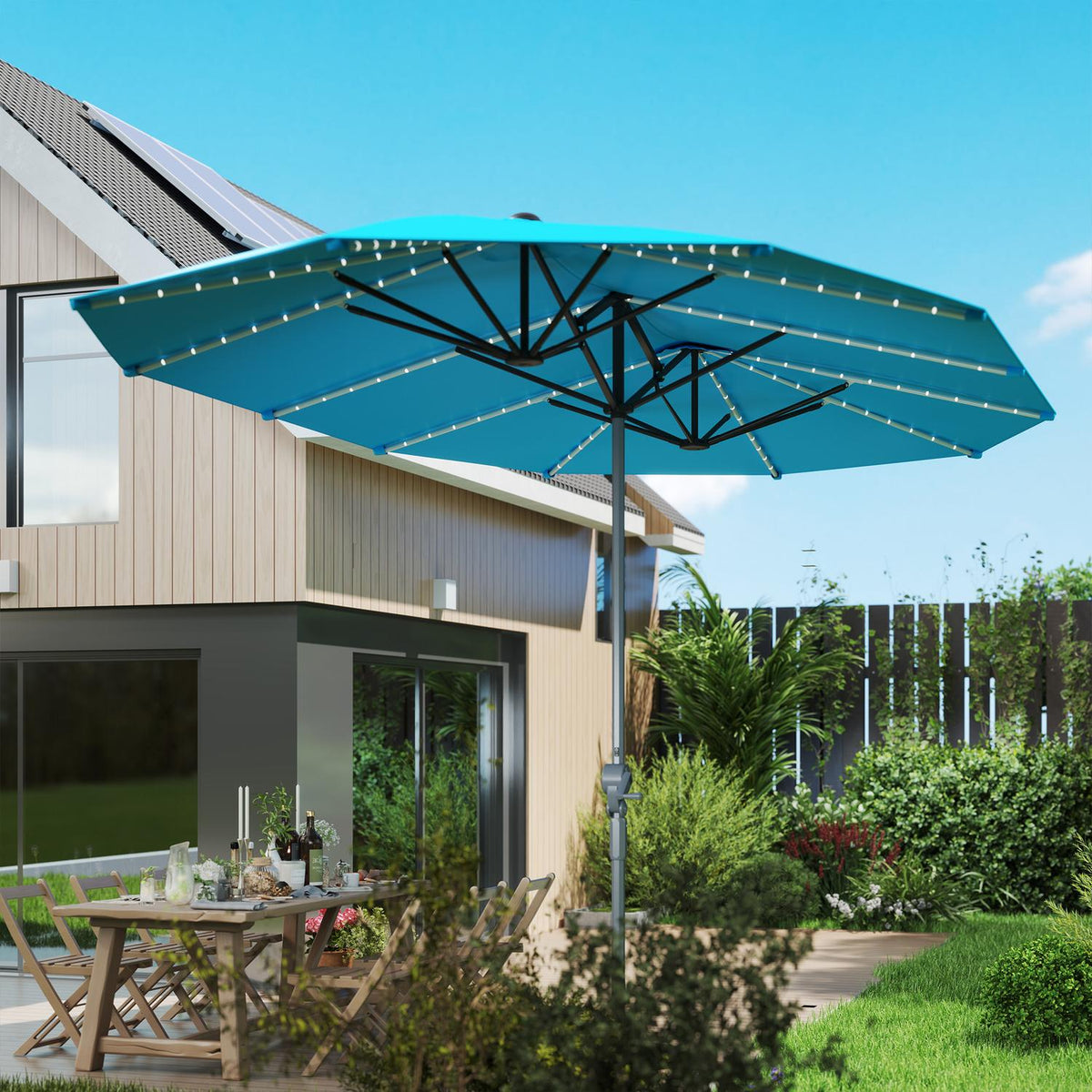 Double Parasol with Solar LED Lights 451 x 267 cm Aluminum UV 50+ Parasol with Hand Crank Balcony Umbrella Windproof Market Umbrella Sun Protection for Beach Balcony Garden Blue |