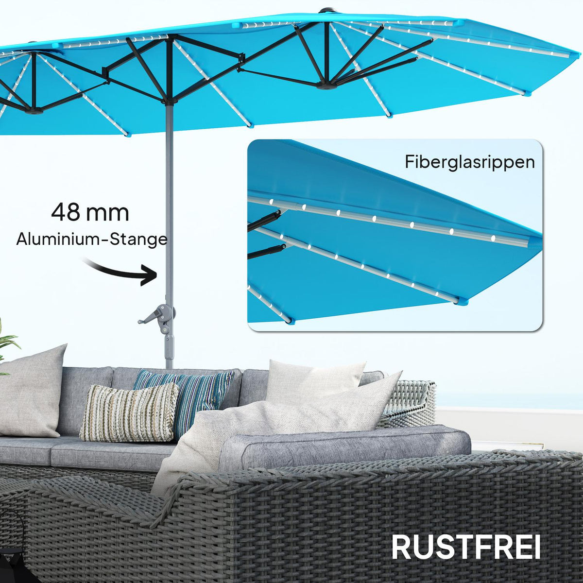 Double Parasol with Solar LED Lights 451 x 267 cm Aluminum UV 50+ Parasol with Hand Crank Balcony Umbrella Windproof Market Umbrella Sun Protection for Beach Balcony Garden Blue |