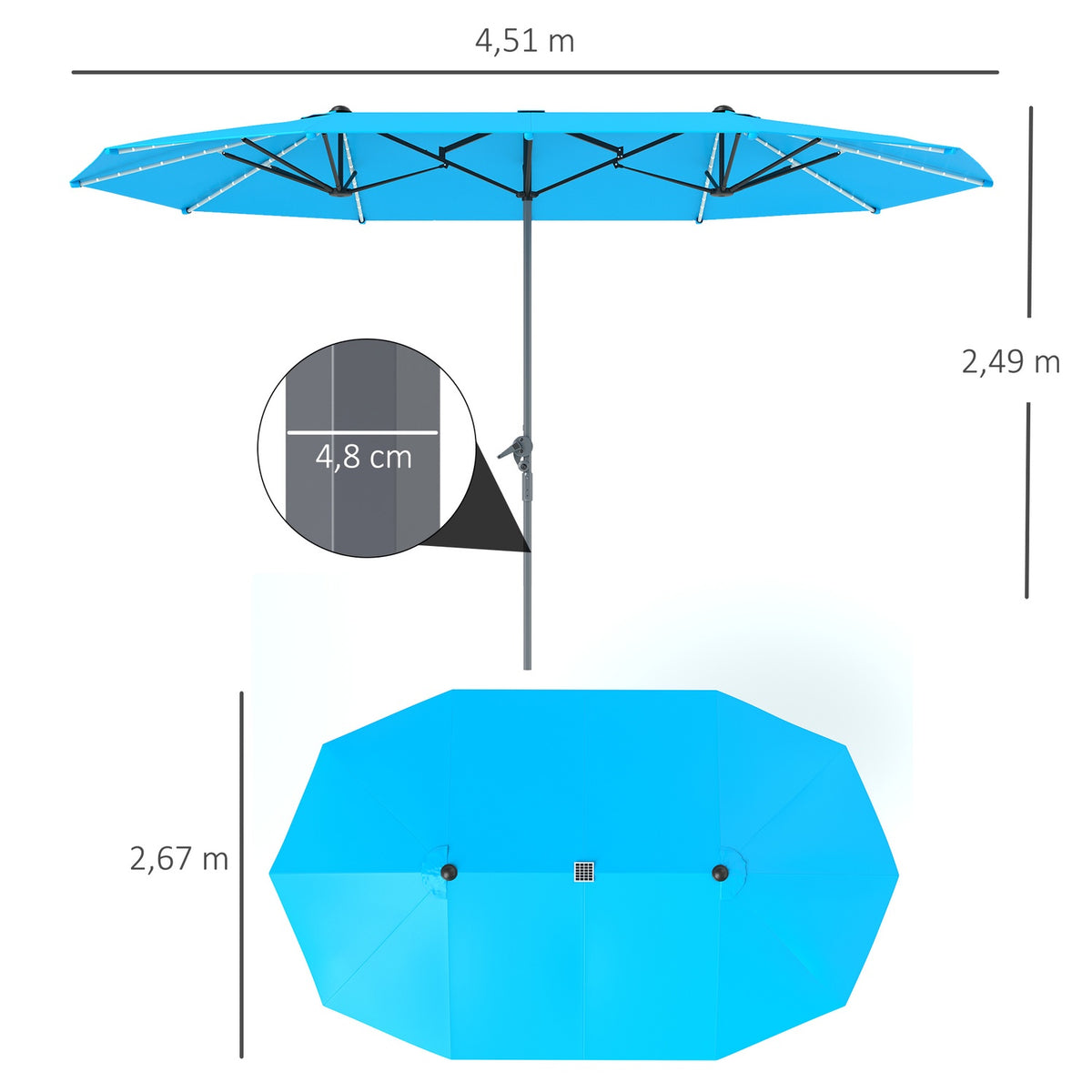 Double Parasol with Solar LED Lights 451 x 267 cm Aluminum UV 50+ Parasol with Hand Crank Balcony Umbrella Windproof Market Umbrella Sun Protection for Beach Balcony Garden Blue |