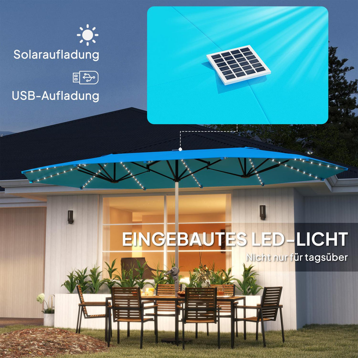 Double Parasol with Solar LED Lights 451 x 267 cm Aluminum UV 50+ Parasol with Hand Crank Balcony Umbrella Windproof Market Umbrella Sun Protection for Beach Balcony Garden Blue |