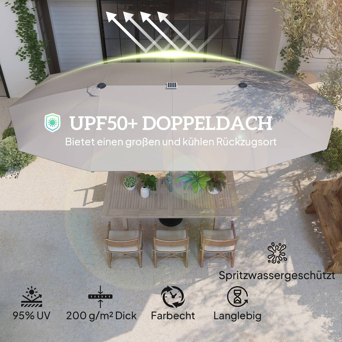 Double Parasol with Solar LED Lights 451 x 267 cm Aluminum UV 50+ Parasol with Hand Crank Balcony Umbrella Windproof Market Umbrella Sun Protection for Beach Balcony Garden Dark Gray |