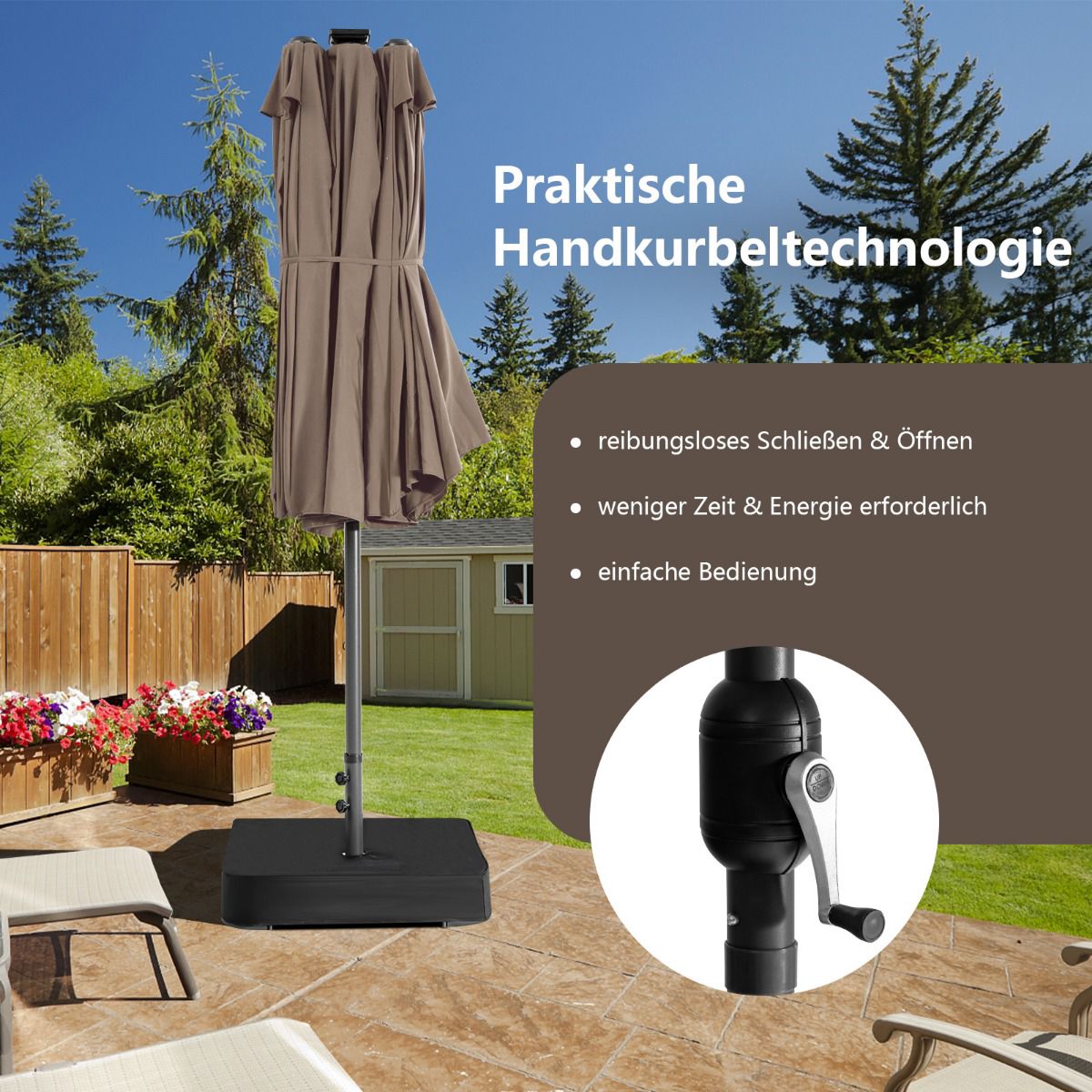 Double Patio Umbrella 470 x 280 cm, Solar LEDs, Base