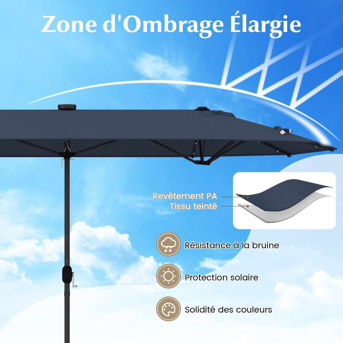 Double-Sided Patio Umbrella 400x200cm, Solar LEDs, Base