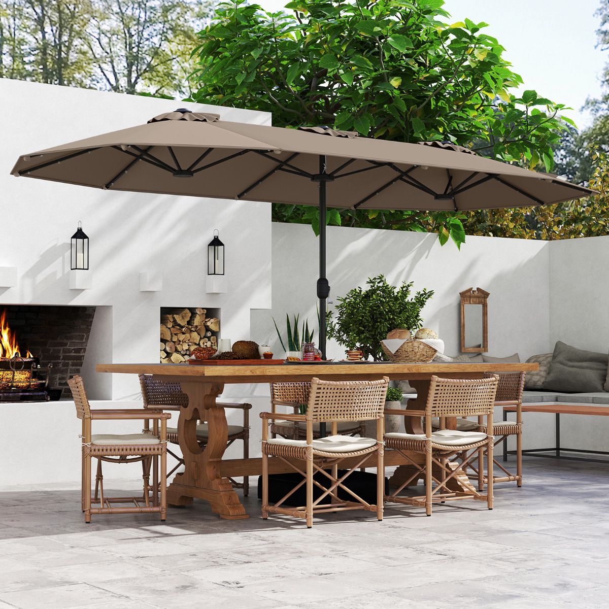 Double-Sided Patio Umbrella 4m With Base, Solar LED, Coffee