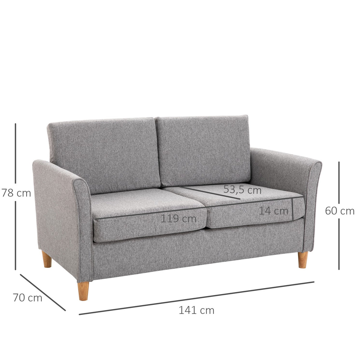 Double Sofa, Comfortable Sofa, Removable With Cushions, Linen, Light Gray, 141X65X78Cm