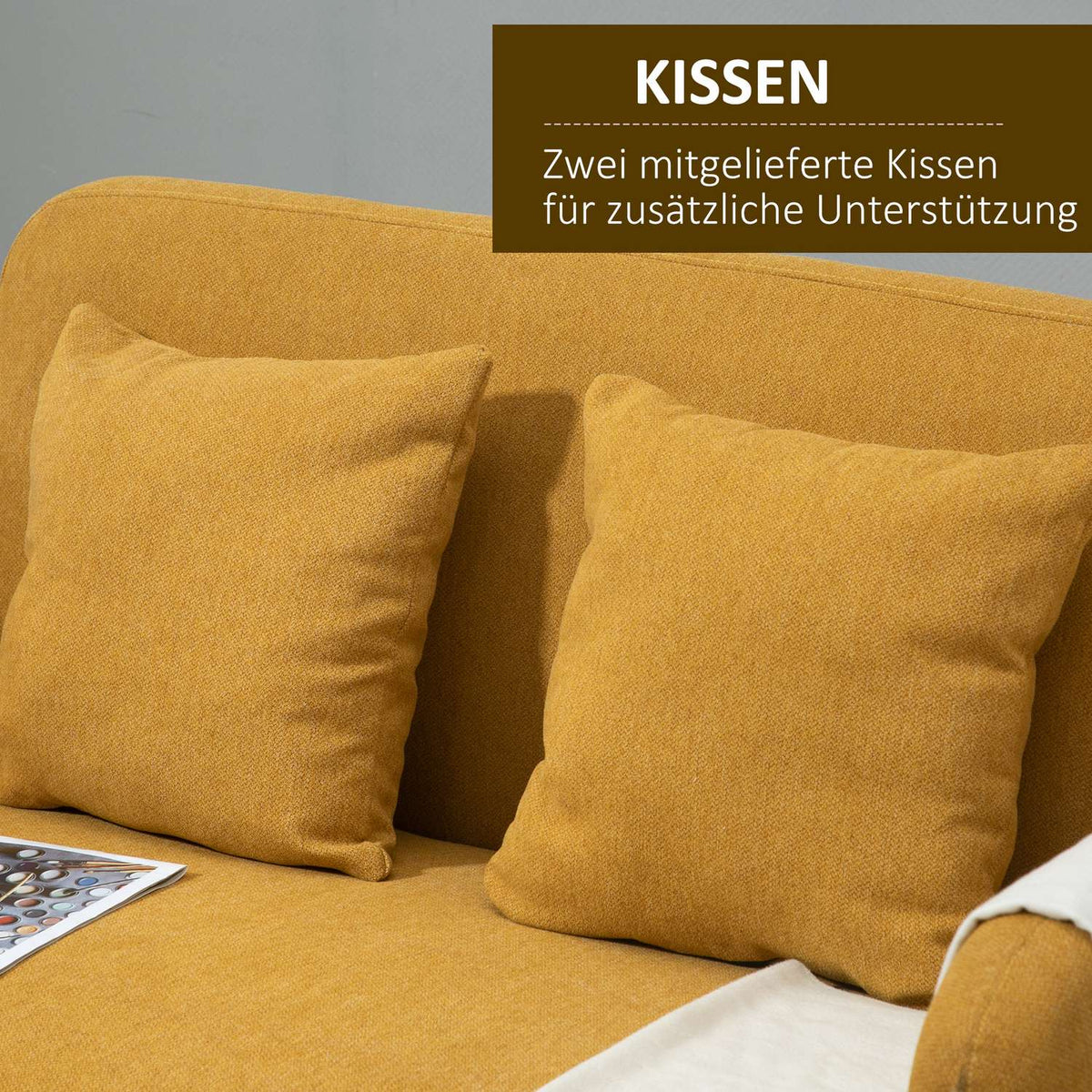 Double Sofa Loveseat With Cushion, Adjustable Footrests, Velvety Polyester, Foam, Compact Design, 2 Seater, Natural+Yellow