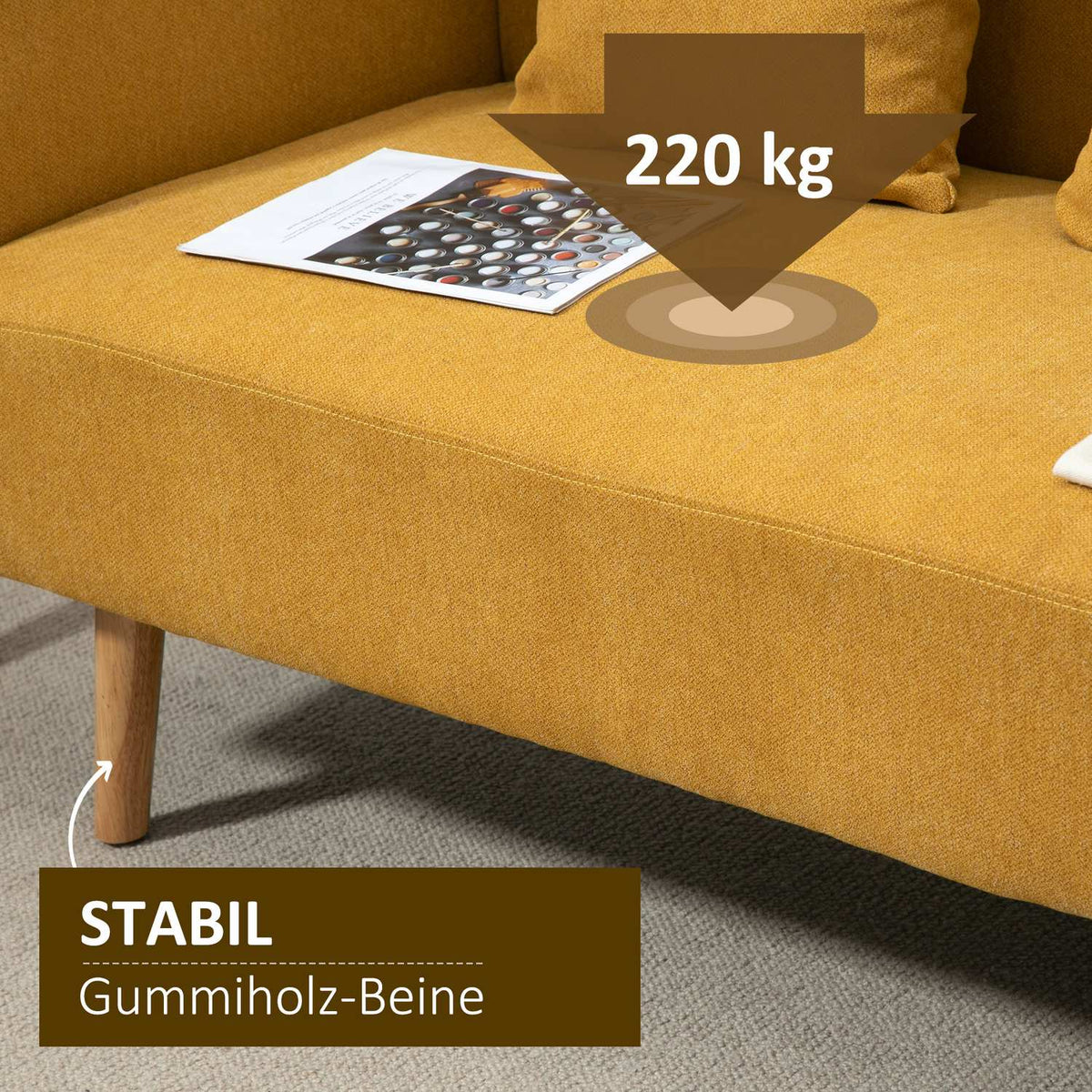 Double Sofa Loveseat With Cushion, Adjustable Footrests, Velvety Polyester, Foam, Compact Design, 2 Seater, Natural+Yellow