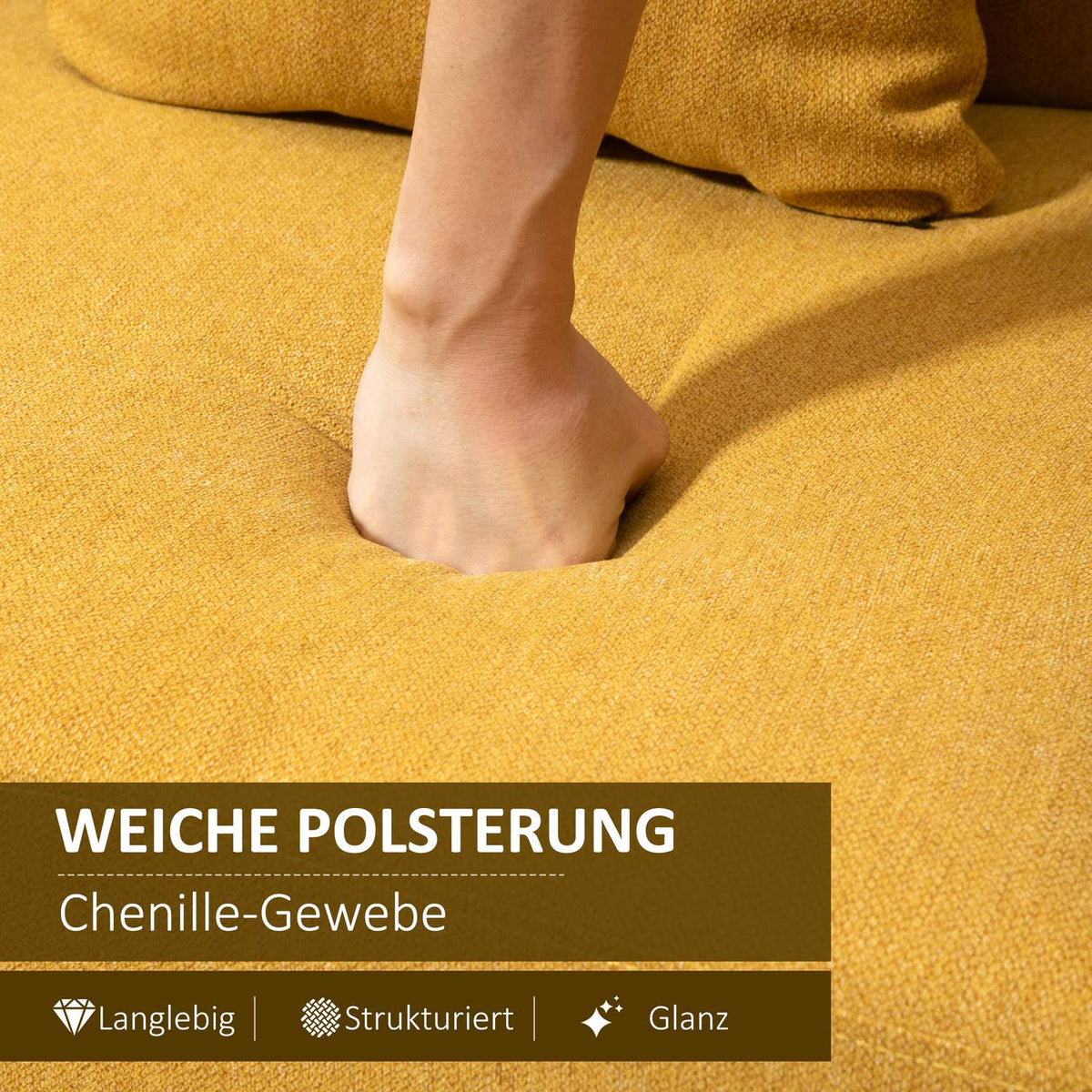 Double Sofa Loveseat With Cushion, Adjustable Footrests, Velvety Polyester, Foam, Compact Design, 2 Seater, Natural+Yellow