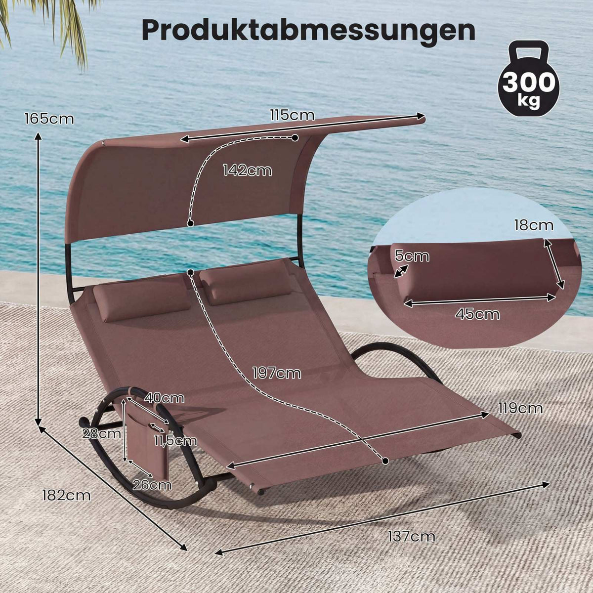 Double Swing Sun Lounger With Canopy, Side Pocket, 2 Headrests
