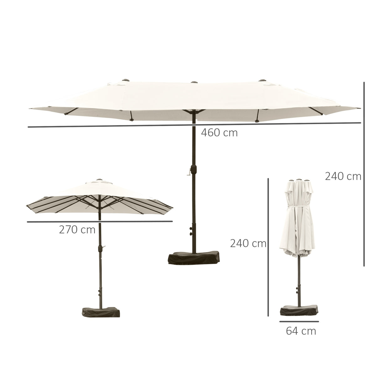 Double Umbrella Oval Hand Crank Cream White 460X270X240Cm Stand