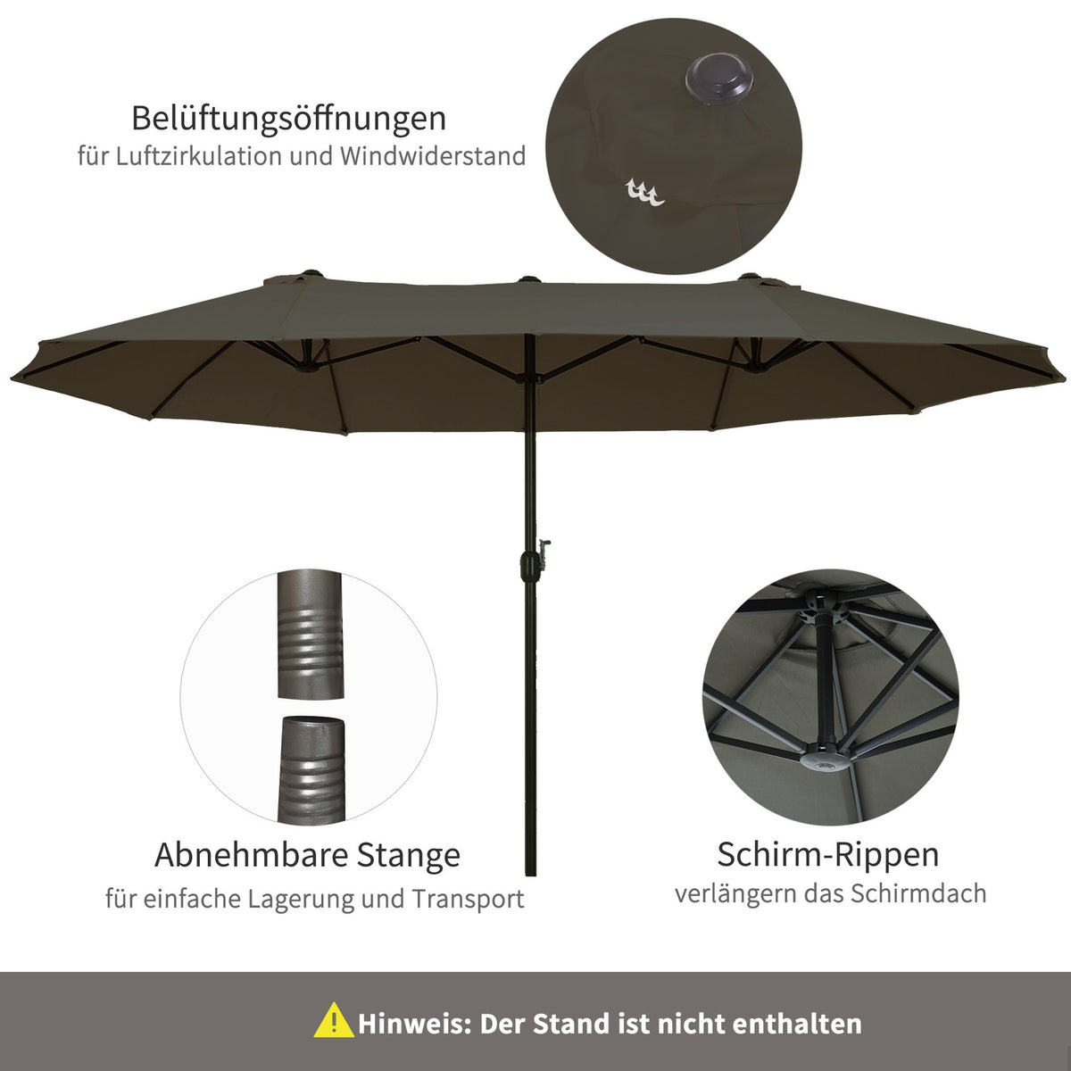 Double parasol garden umbrella with hand crank, grey, oval, 460 x 270 x 240 cm
