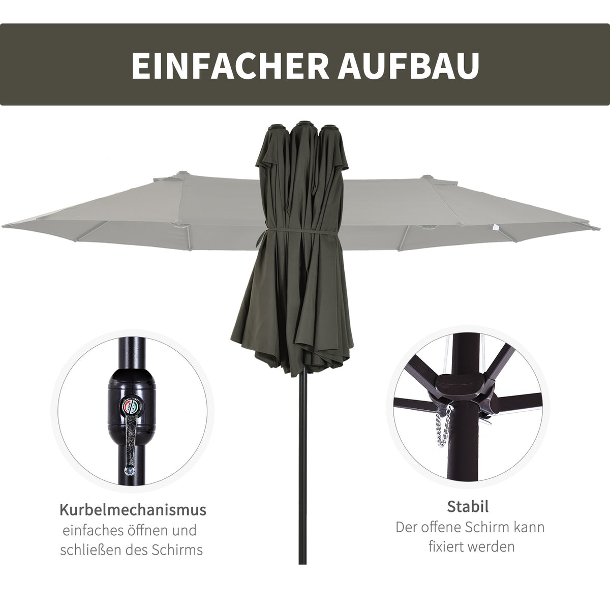 Double parasol garden umbrella with hand crank, grey, oval, 460 x 270 x 240 cm