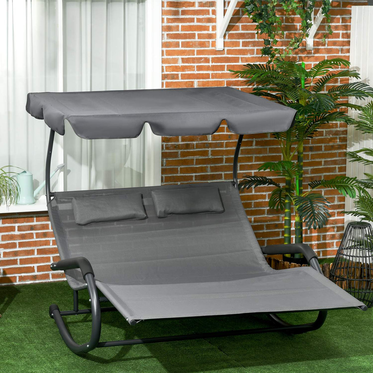 Double sun lounger, swing bench with sun canopy, rocking chair with wheels, garden lounger with pillow, 220 kg load, for 2 people, dark gray, 200x139x140cm