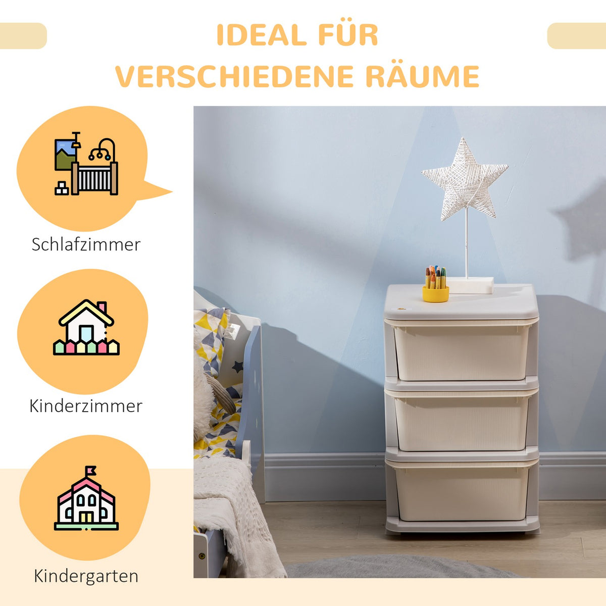 Drawer cabinet for children with storage space, storage boxes, toy organizer, toy box, three levels for children's rooms, 3-6 years, children's furniture, cream white, 37 x 37 x 56.5 cm