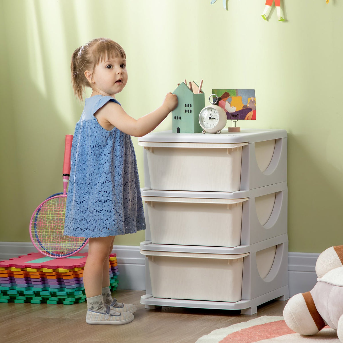 Drawer cabinet for children with storage space, storage boxes, toy organizer, toy box, three levels for children's rooms, 3-6 years, children's furniture, cream white, 37 x 37 x 56.5 cm