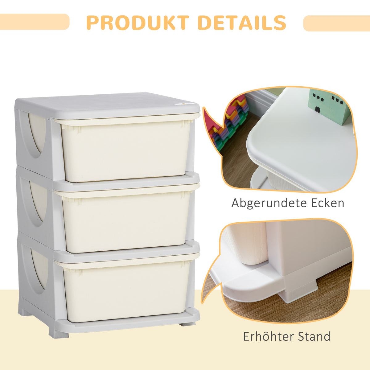 Drawer cabinet for children with storage space, storage boxes, toy organizer, toy box, three levels for children's rooms, 3-6 years, children's furniture, cream white, 37 x 37 x 56.5 cm