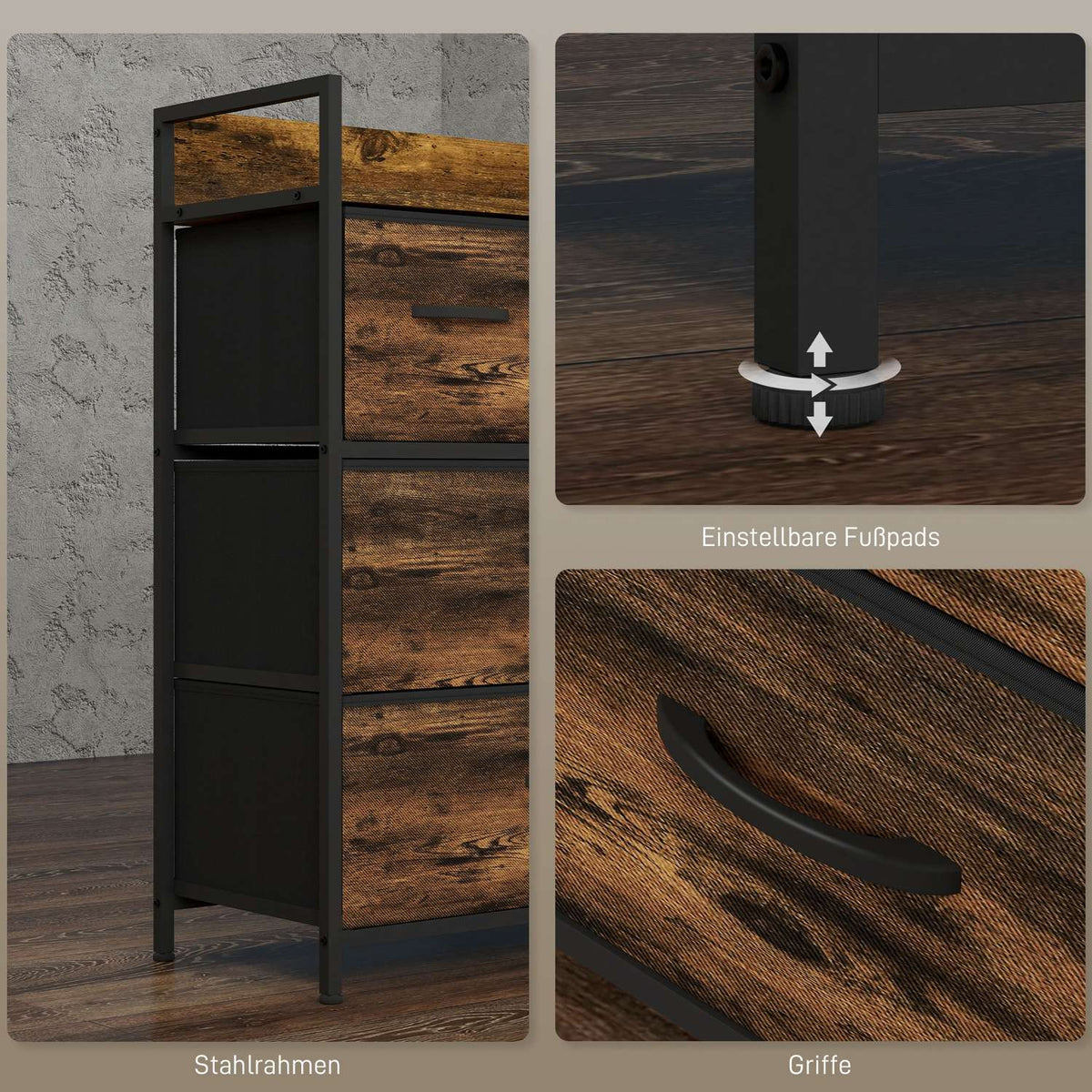 Dresser 4 Foldable Fabric Drawers Shelf Handle Storage Cabinet Industrial Design Steel Frame Rustic Brown