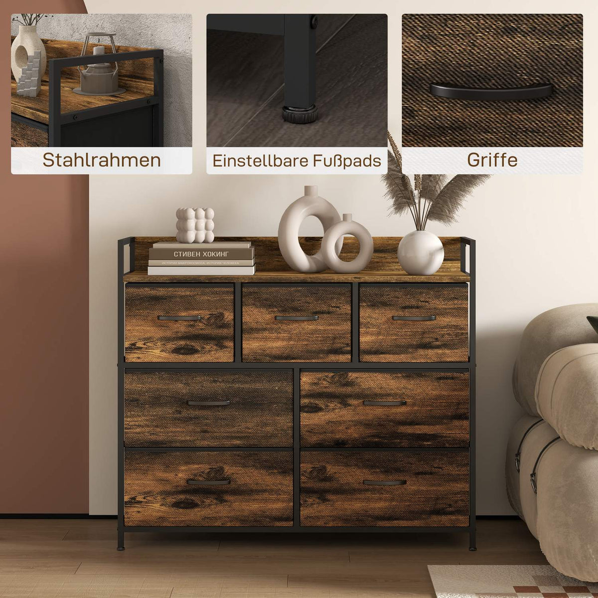 Dresser Sideboard 7 Fabric Drawers Handle Shelf Storage Cabinet Steel Frame Industrial Style Bedroom Rustic Brown
