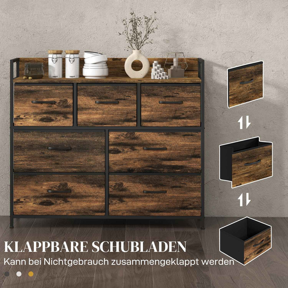 Dresser Sideboard 7 Fabric Drawers Handle Shelf Storage Cabinet Steel Frame Industrial Style Bedroom Rustic Brown