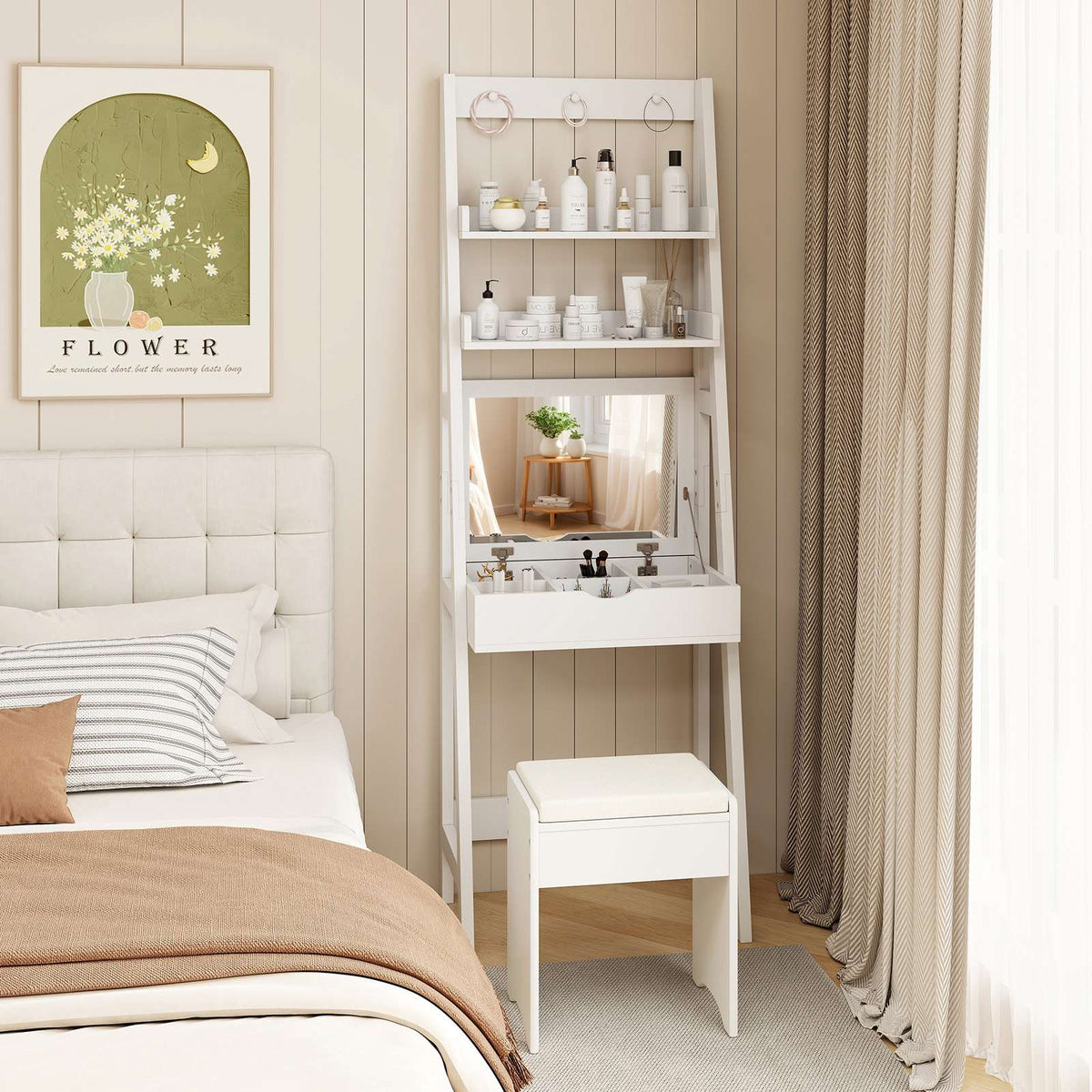 Dressing Table With Mirror and Stool, 2 Shelves, White