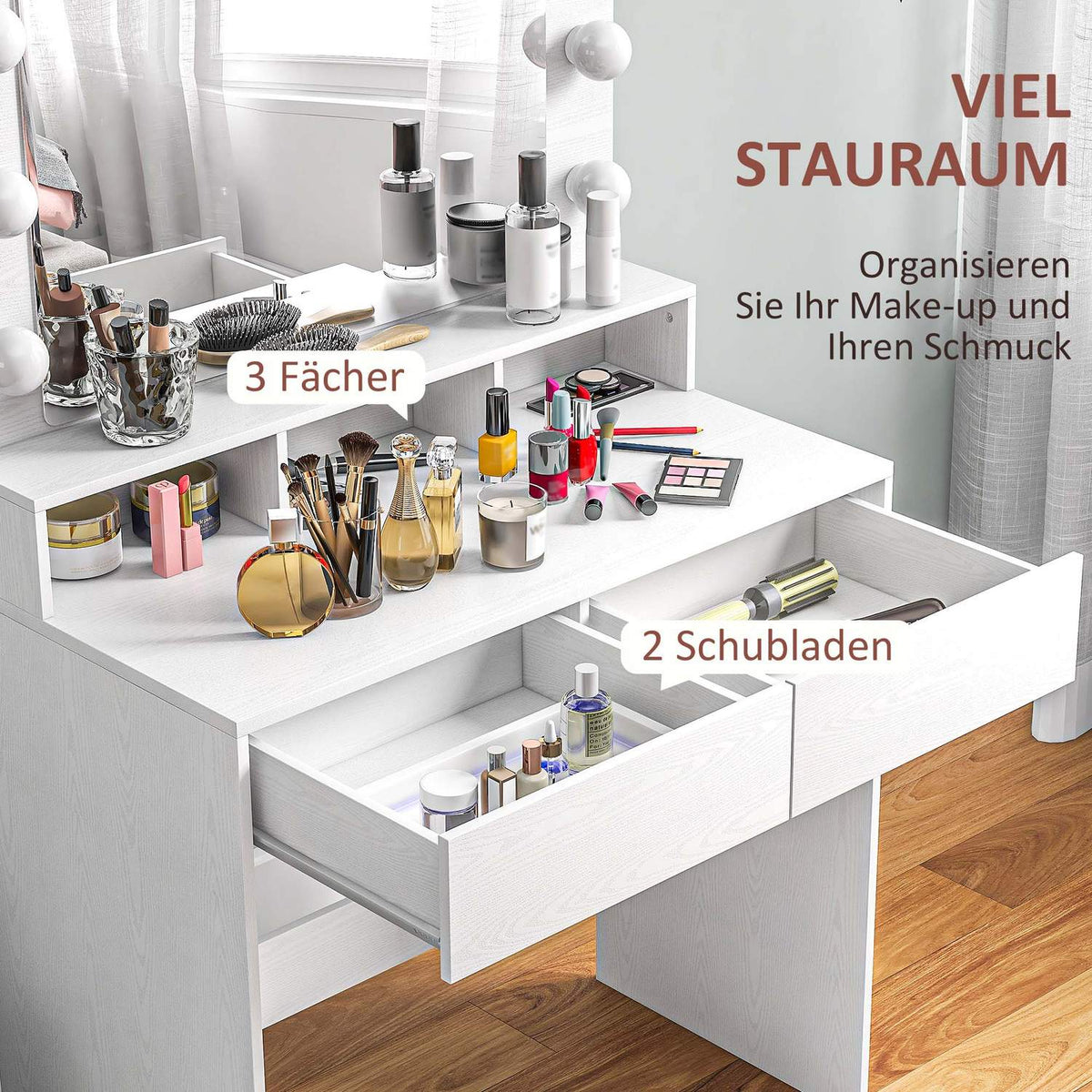 Dressing Table with LED Lighting Dressing Table with Mirror Adjustable Brightness Cosmetic Table with 2 Drawers Open Shelves for Bedroom White