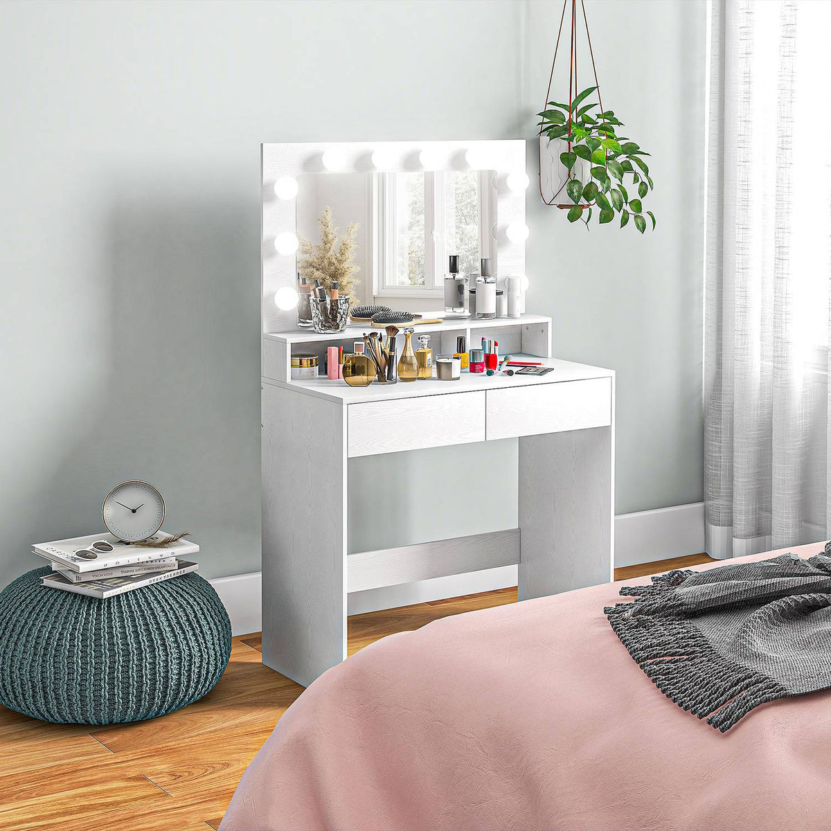 Dressing Table with LED Lighting Dressing Table with Mirror Adjustable Brightness Cosmetic Table with 2 Drawers Open Shelves for Bedroom White