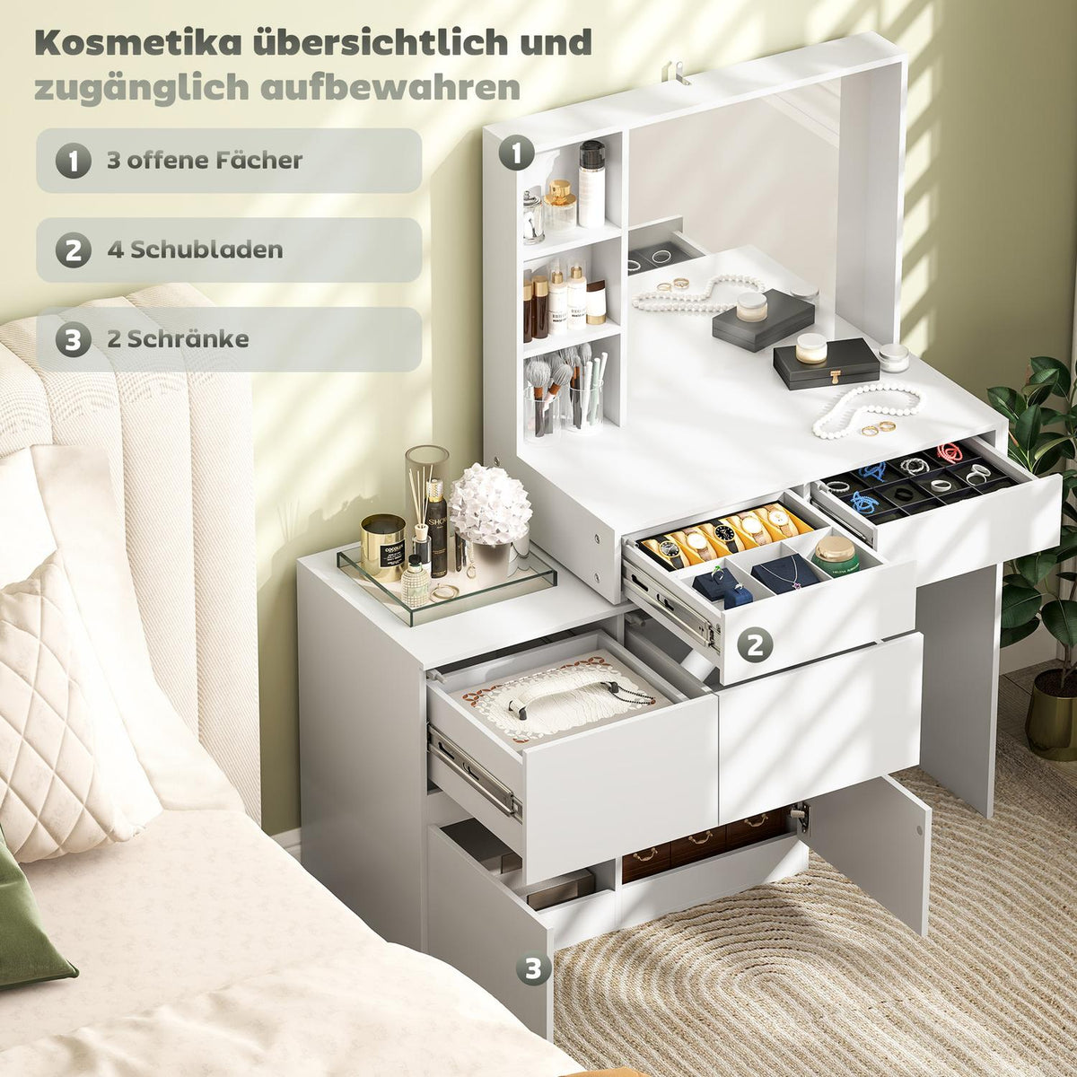 Dressing table cosmetic table with mirror, push-to-open mechanisms, versatile mounting options, dressing table with 4 drawers, 3 open shelves and 2 cabinets, white