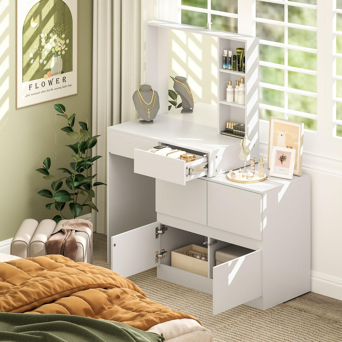 Dressing table cosmetic table with mirror, push-to-open mechanisms, versatile mounting options, dressing table with 4 drawers, 3 open shelves and 2 cabinets, white
