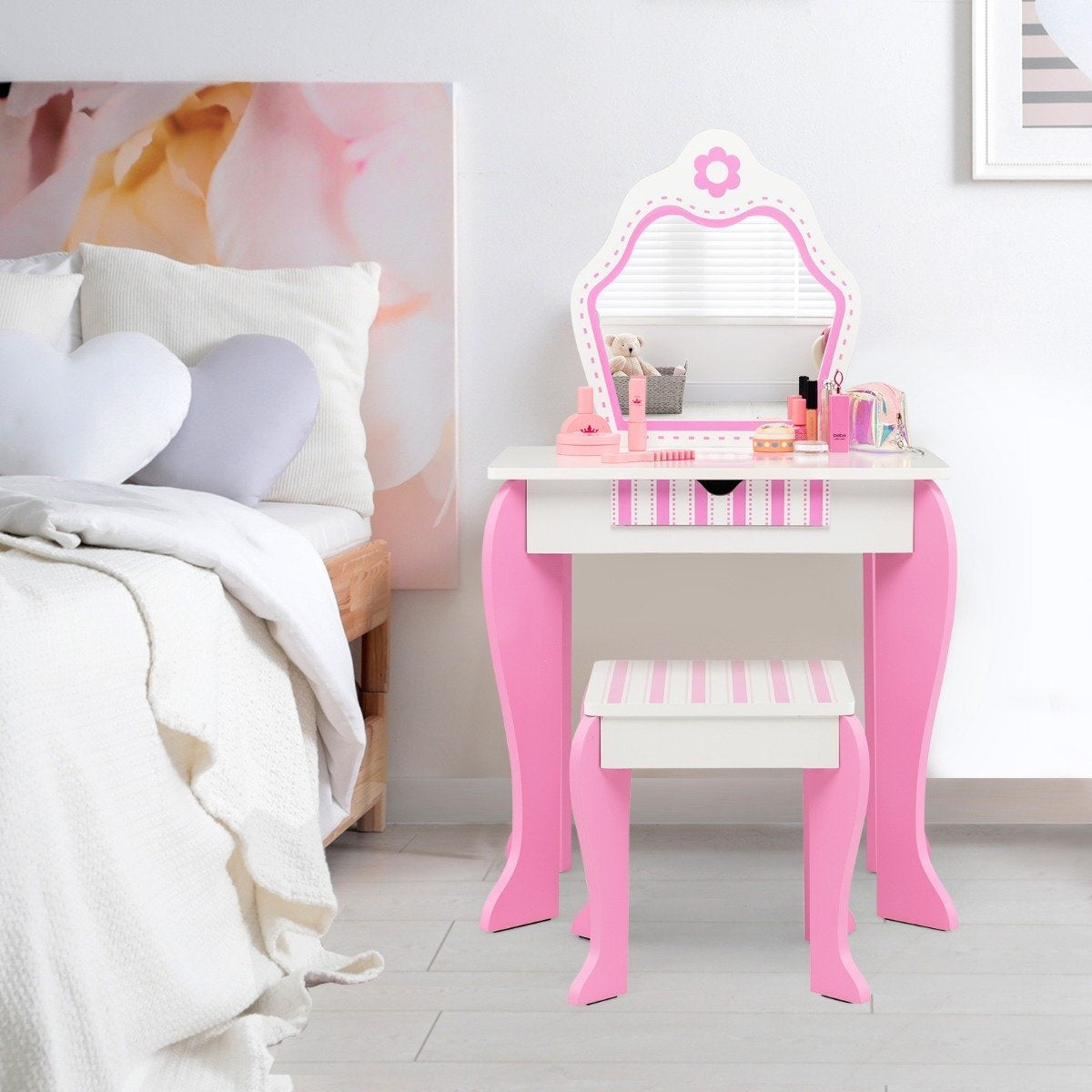 Dressing table & stool set for children with mirror and drawer 49 x 34 x 86.5 cm pink