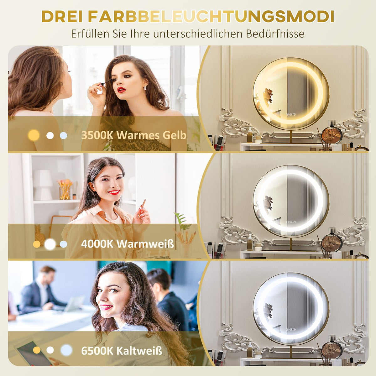 Dressing table with LED lighting, dressing table with adjustable mirror, cosmetic table with 2 drawers, open shelf, make-up table for bedroom, 100 x 50 x 76 cm, white