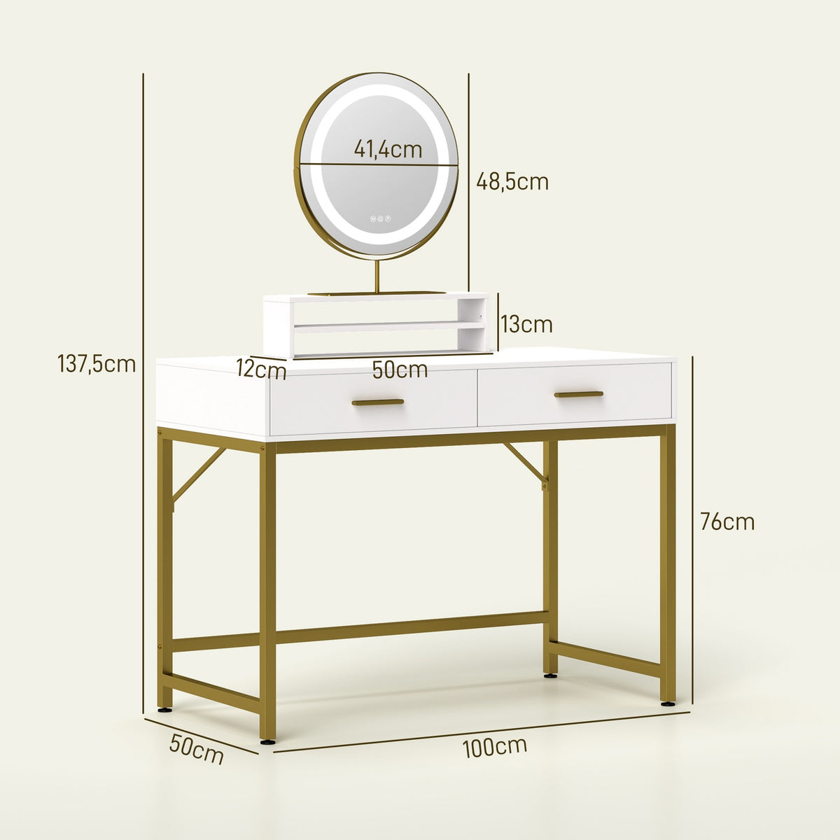 Dressing table with LED lighting, dressing table with adjustable mirror, cosmetic table with 2 drawers, open shelf, make-up table for bedroom, 100 x 50 x 76 cm, white