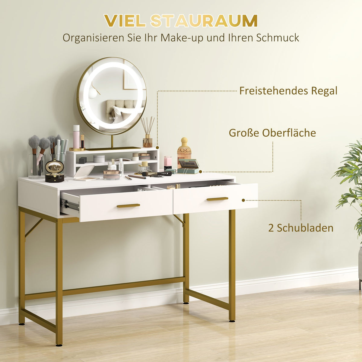 Dressing table with LED lighting, dressing table with adjustable mirror, cosmetic table with 2 drawers, open shelf, make-up table for bedroom, 100 x 50 x 76 cm, white
