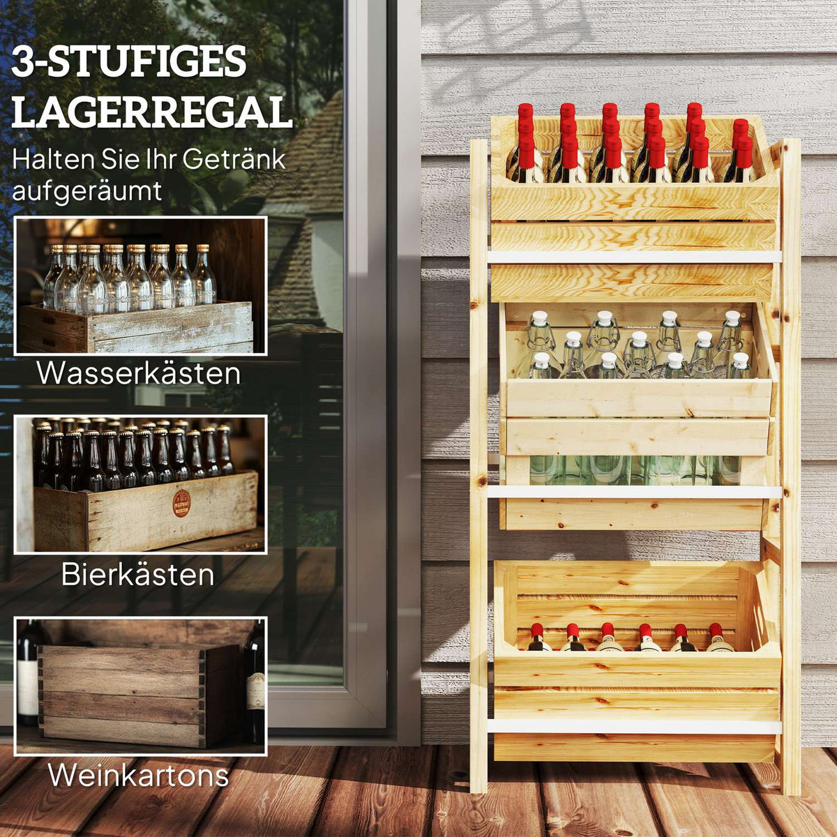 Drinks crate rack for 3 drinks crates, drinks rack, wooden crate rack with 3 levels, free-standing drinks crate holder, load 150kg, crate stand for beer, water, 56 x 32 x 112 cm, natural wood