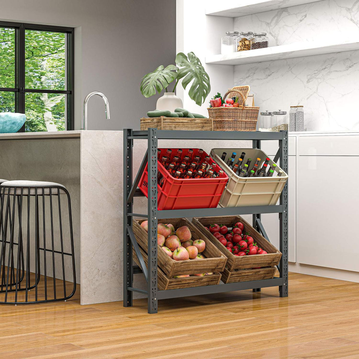 Drinks crate rack for 6 crates, 110 x 30 x 110 cm, free-standing drinks rack with adjustable shelf height, crate rack with tip protection