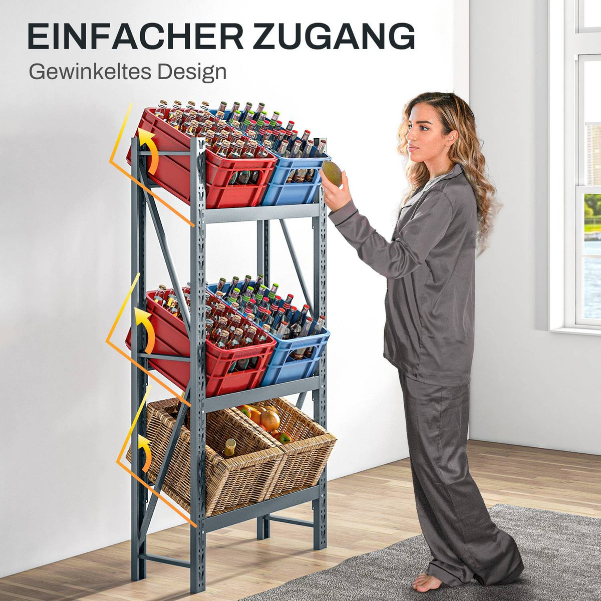 Drinks crate rack for 6 crates, free-standing with 3 adjustable levels, 80 x 30 x 160 cm, gray steel, ideal for kitchen & pantry