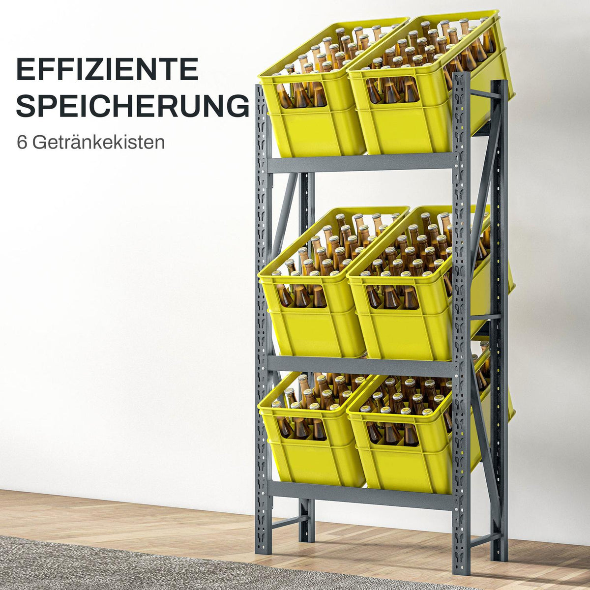 Drinks crate rack for 6 crates, free-standing with 3 adjustable levels, 80 x 30 x 160 cm, gray steel, ideal for kitchen & pantry