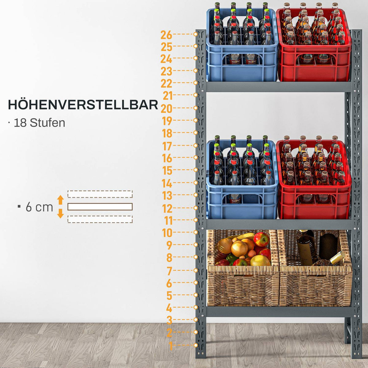 Drinks crate rack for 6 crates, free-standing with 3 adjustable levels, 80 x 30 x 160 cm, gray steel, ideal for kitchen & pantry