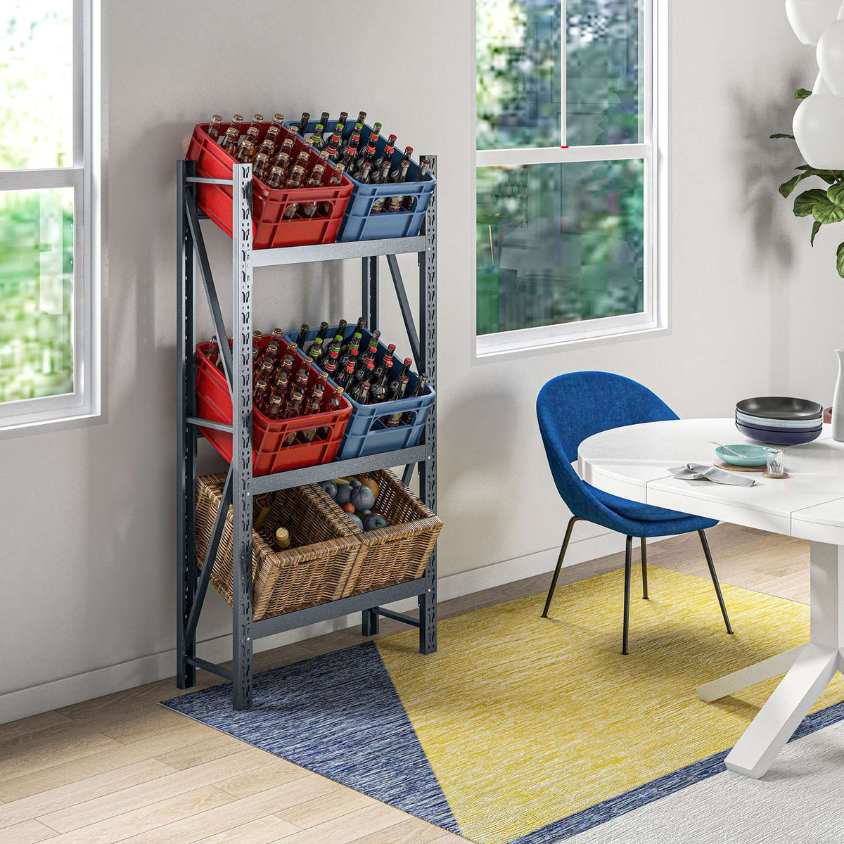 Drinks crate rack for 6 crates, free-standing with 3 adjustable levels, 80 x 30 x 160 cm, gray steel, ideal for kitchen & pantry