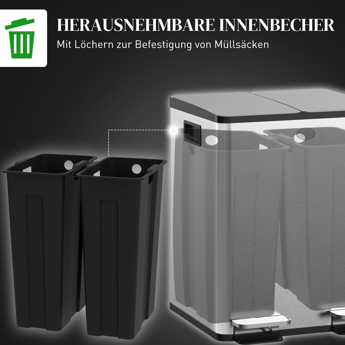 Dual Compartment Stainless Steel Trash Bin, 2x20L