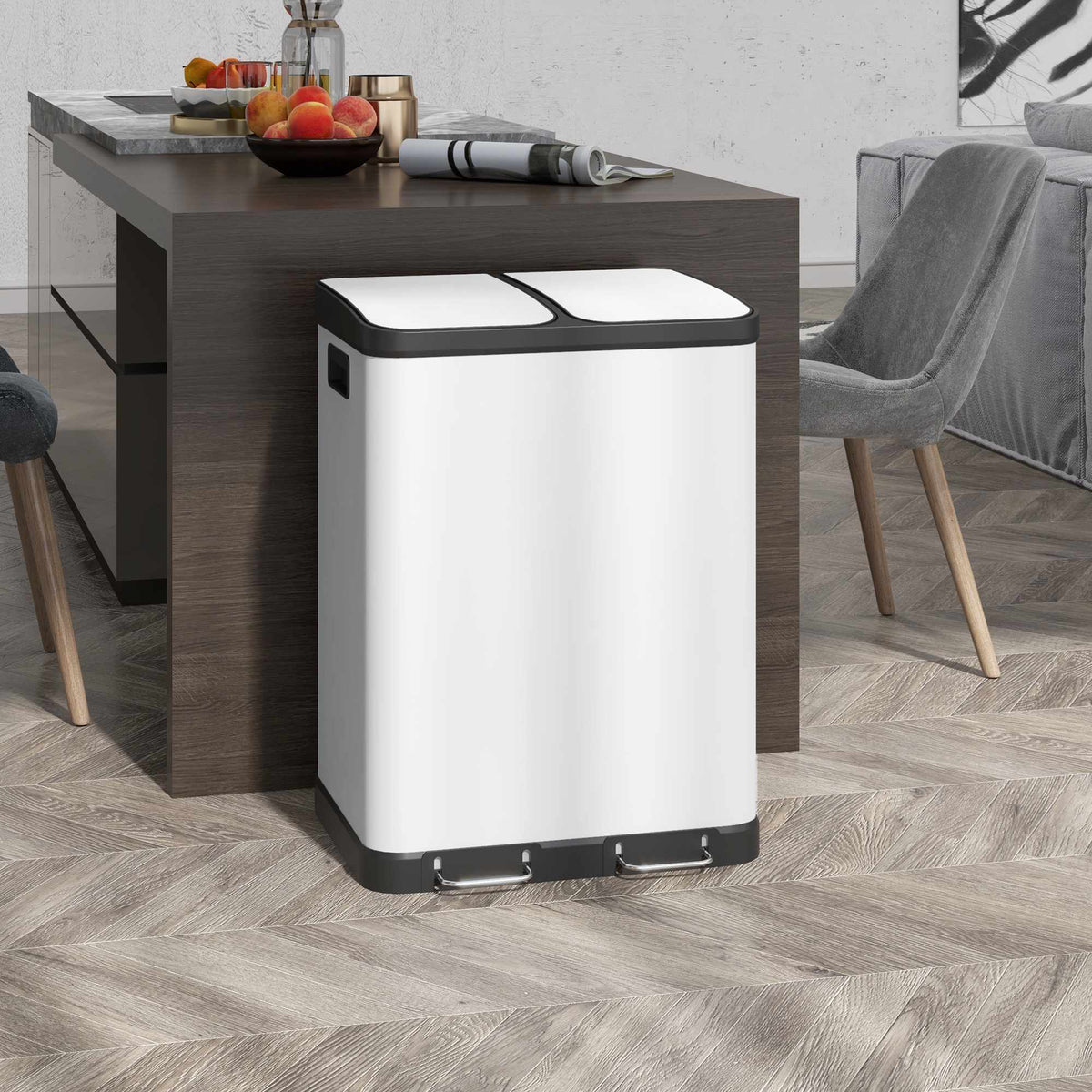 Dual Compartment Trash Can, 2 x 30L, Pedal, Grey